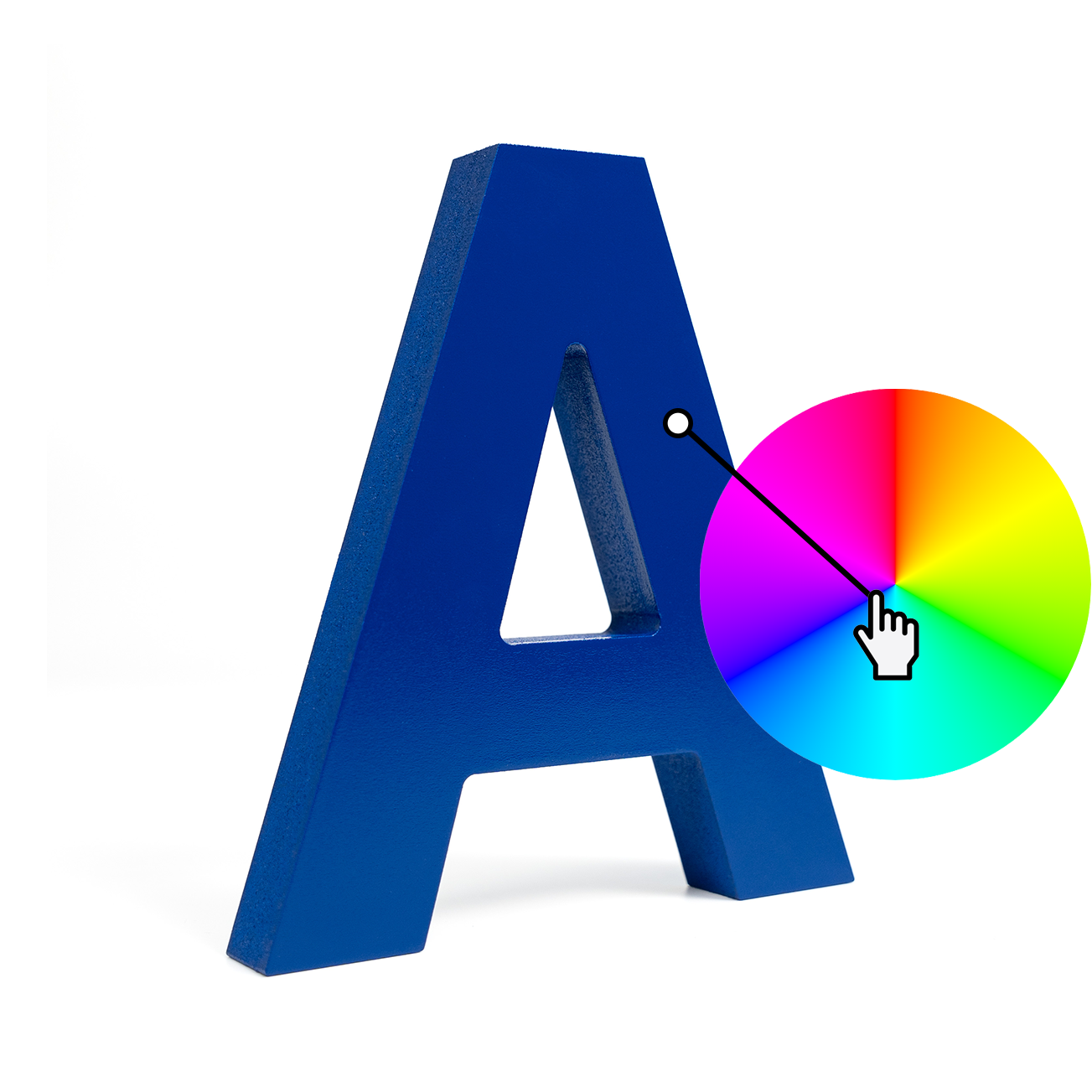 Flat cut PVC letter A overlaid with a gradient color wheel selector.