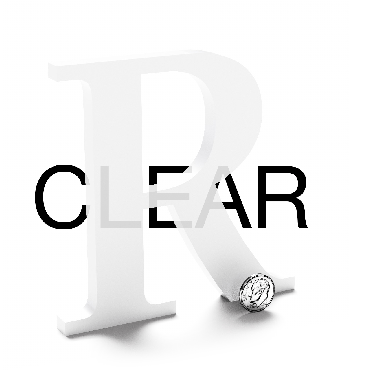 Clear (i.e., transparent) flat cut acrylic letter R.