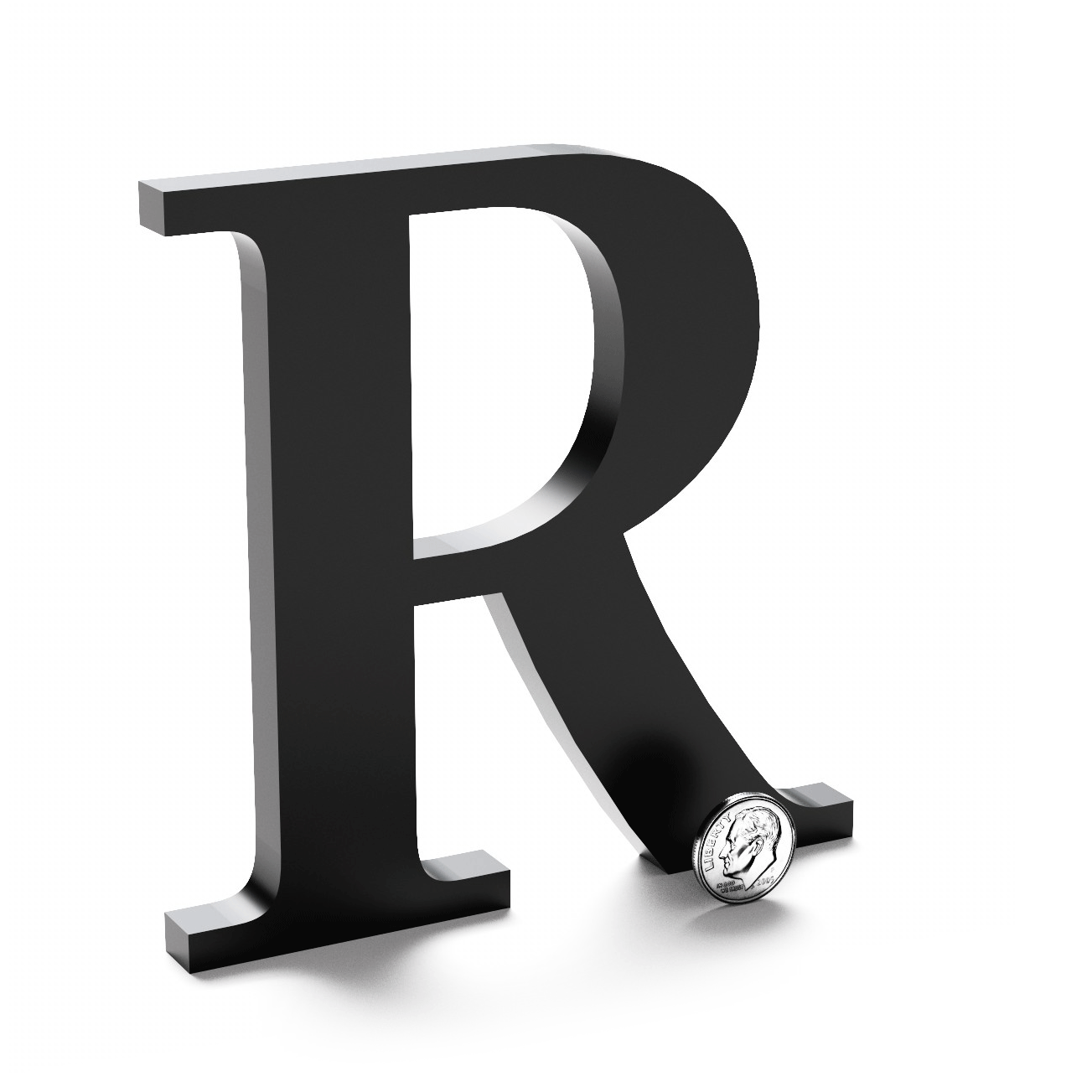 Unpainted black flat cut acrylic letter R.