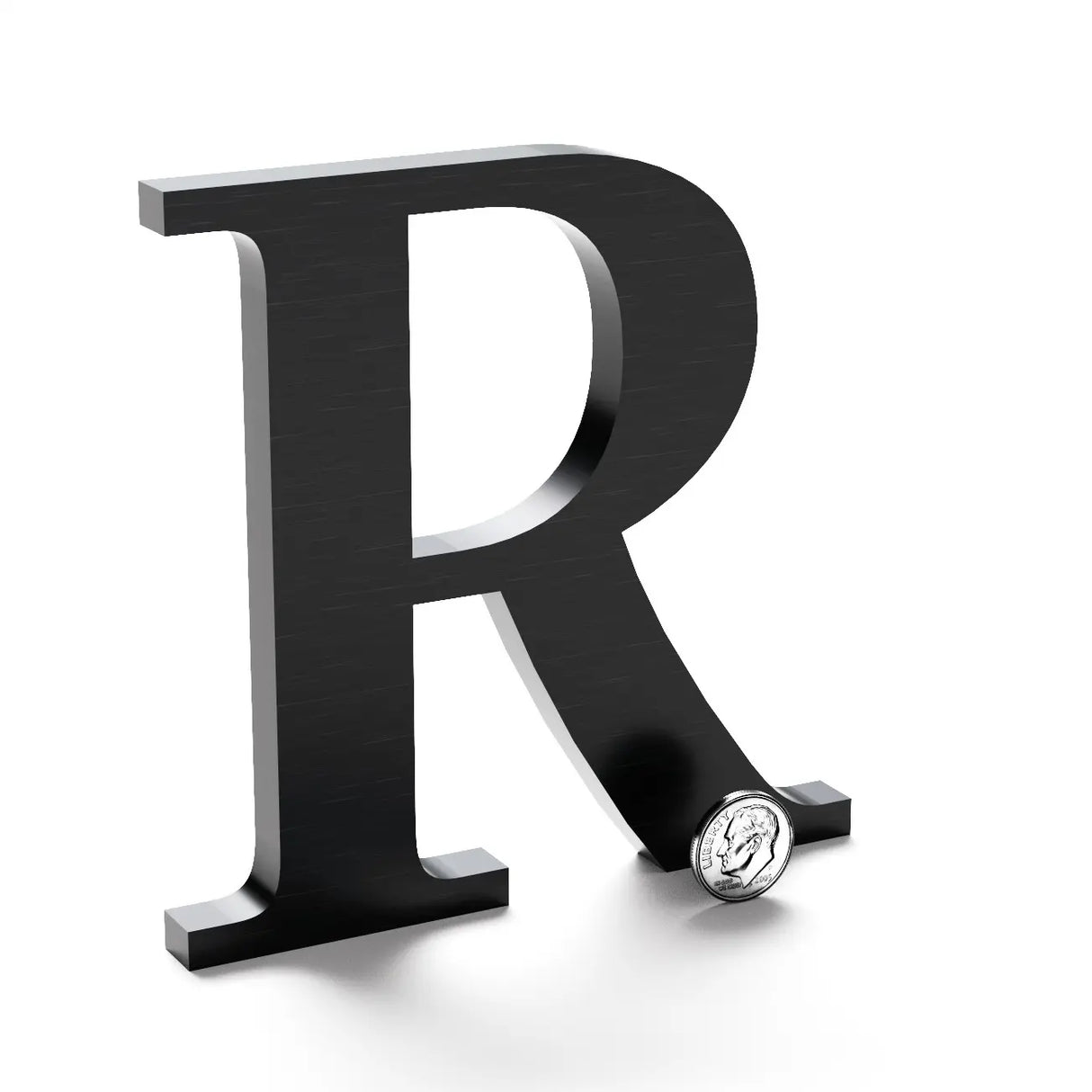 Black anodized aluminum sign letter R.