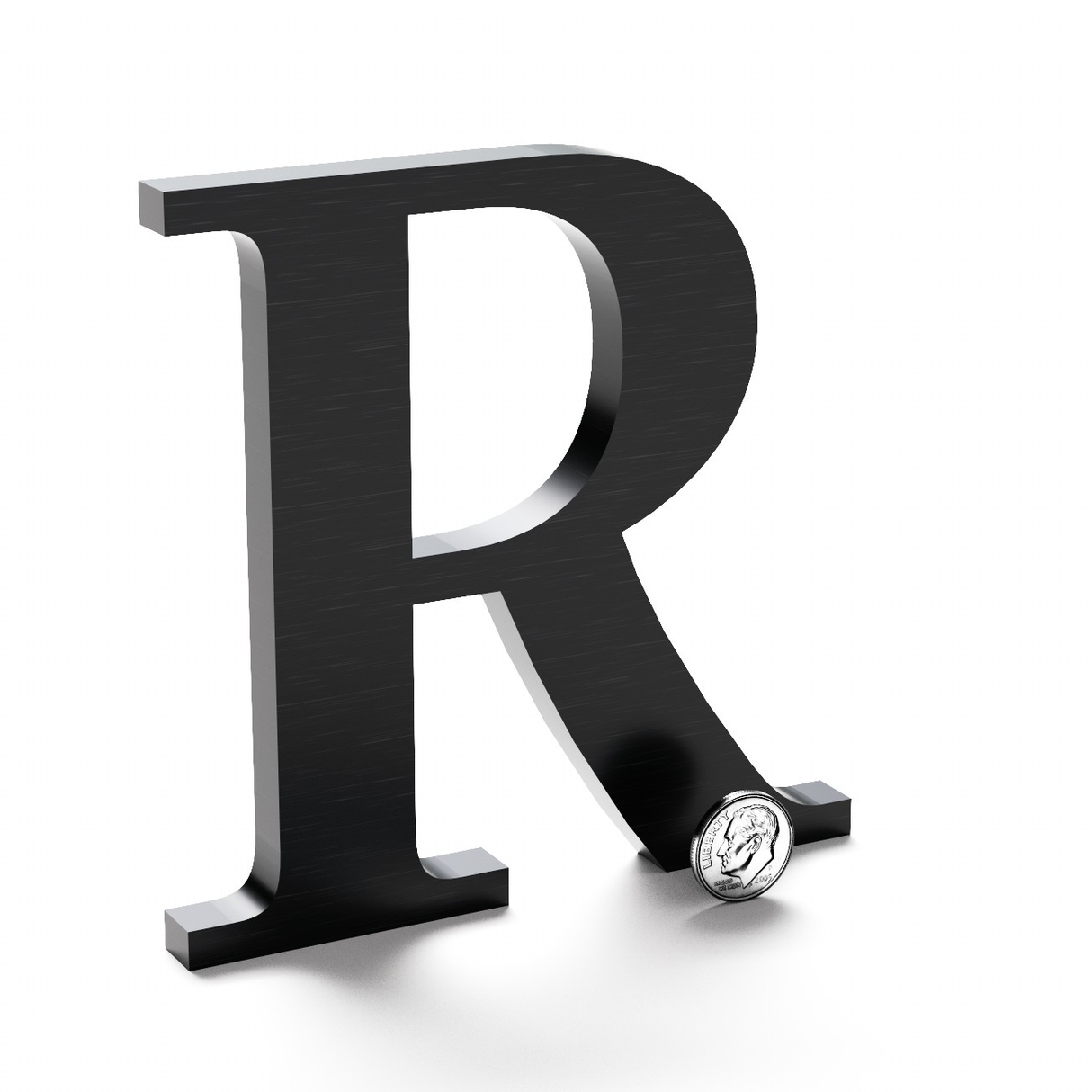 Black anodized aluminum sign letter R.