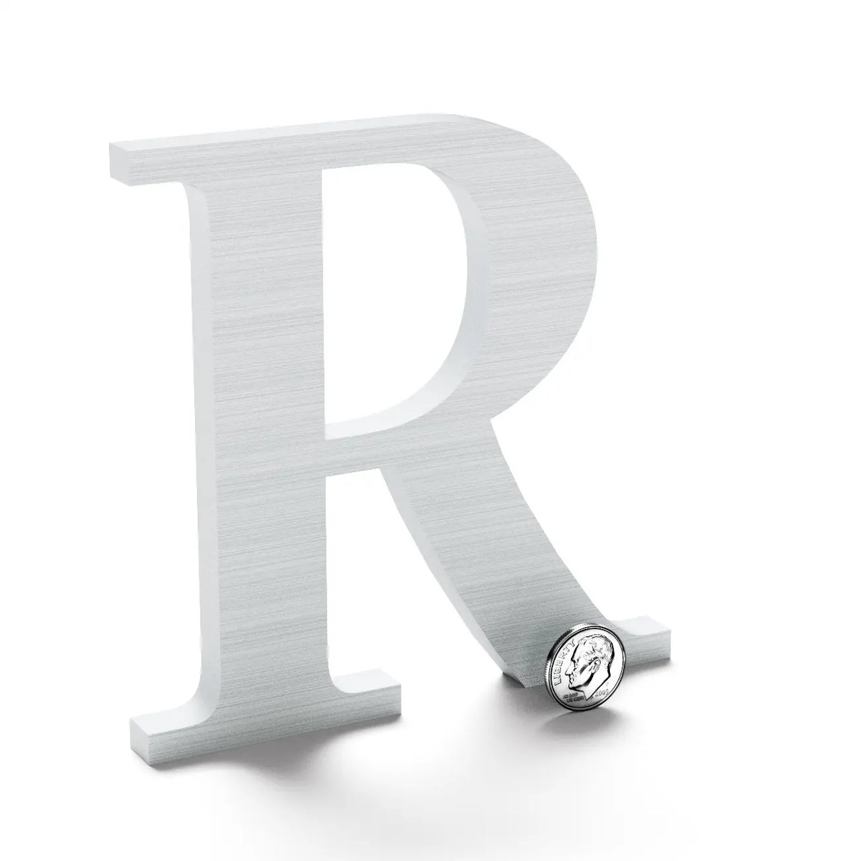 Clear anodized aluminum sign letter R.