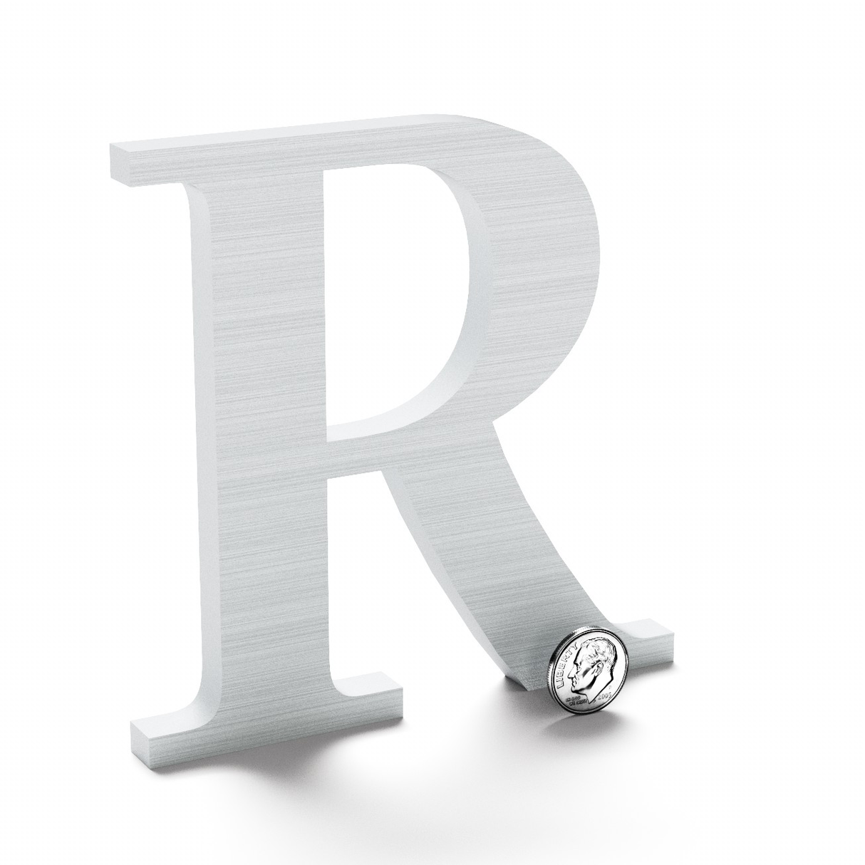 Clear anodized aluminum sign letter R.