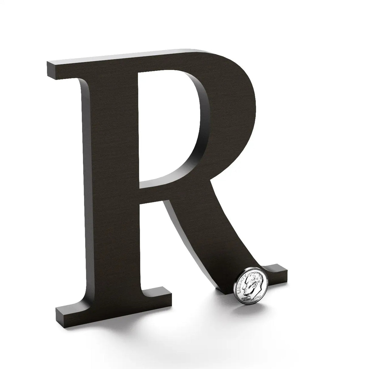 Dark bronze anodized aluminum sign letter R.
