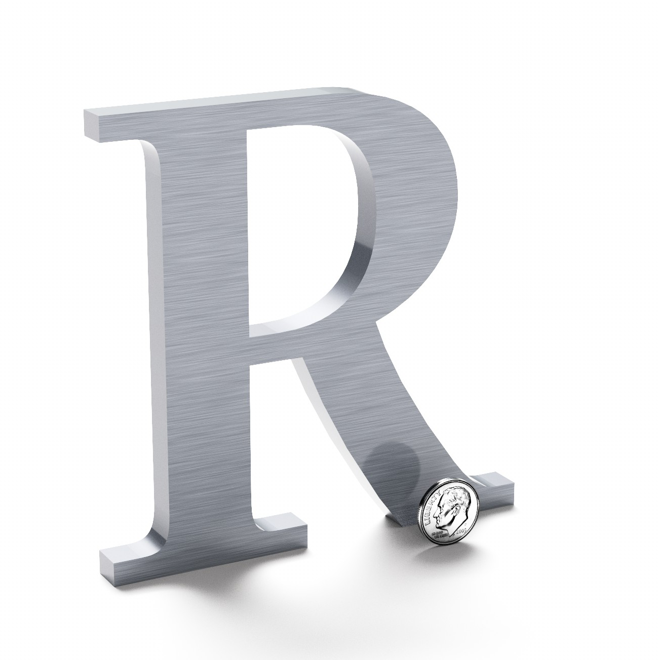Orbital brushed aluminum sign letter R.