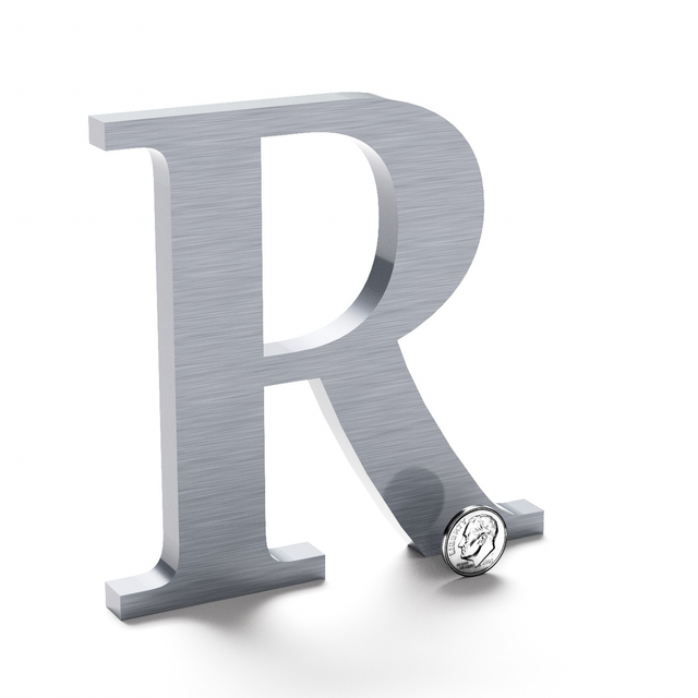 Orbital brushed aluminum sign letter R.