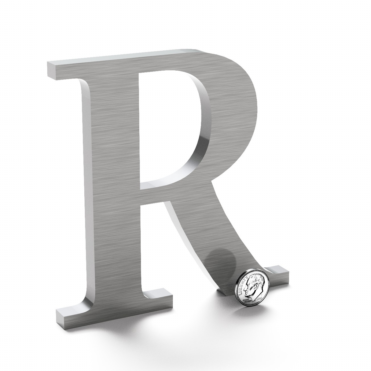 Flat cut marine-grade stainless steel letter R with a brushed finish.
