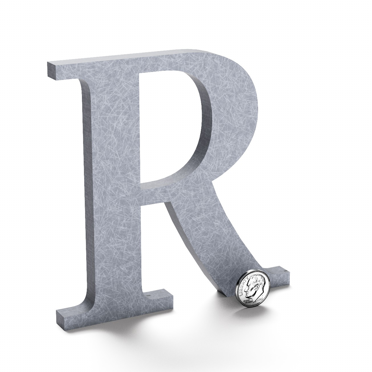 Flat cut aluminum letter R with an orbital brushed finish.