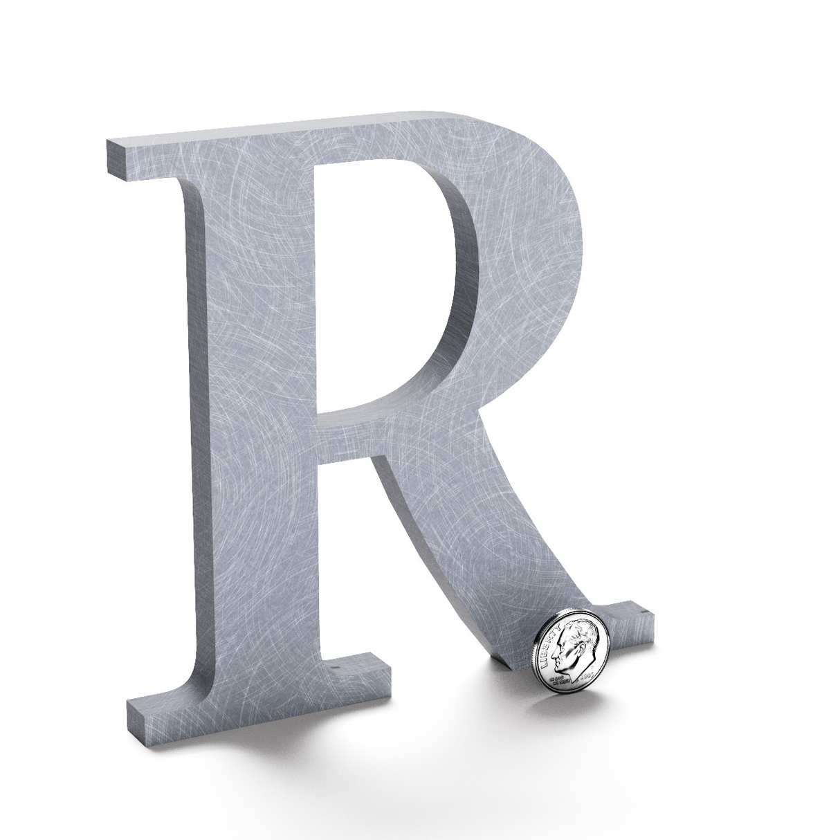 Flat cut aluminum letter R with a radial brushed finish.