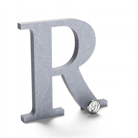 Flat cut aluminum letter R with a radial brushed finish.
