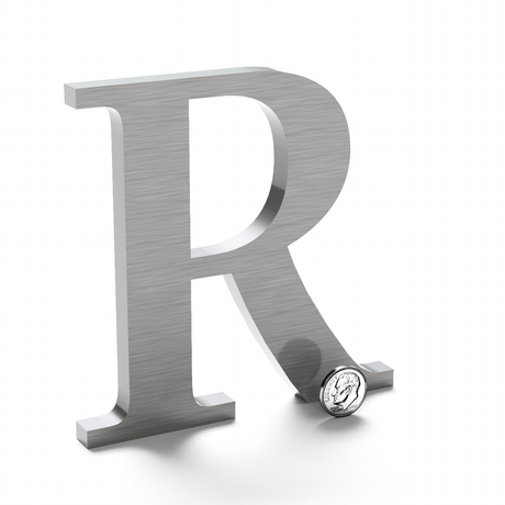 Brushed stainless steel letter R.