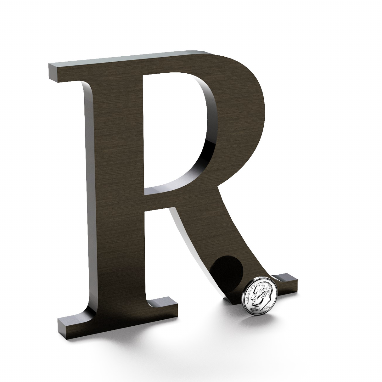 Flat cut brass letter R with a dark aged finish.