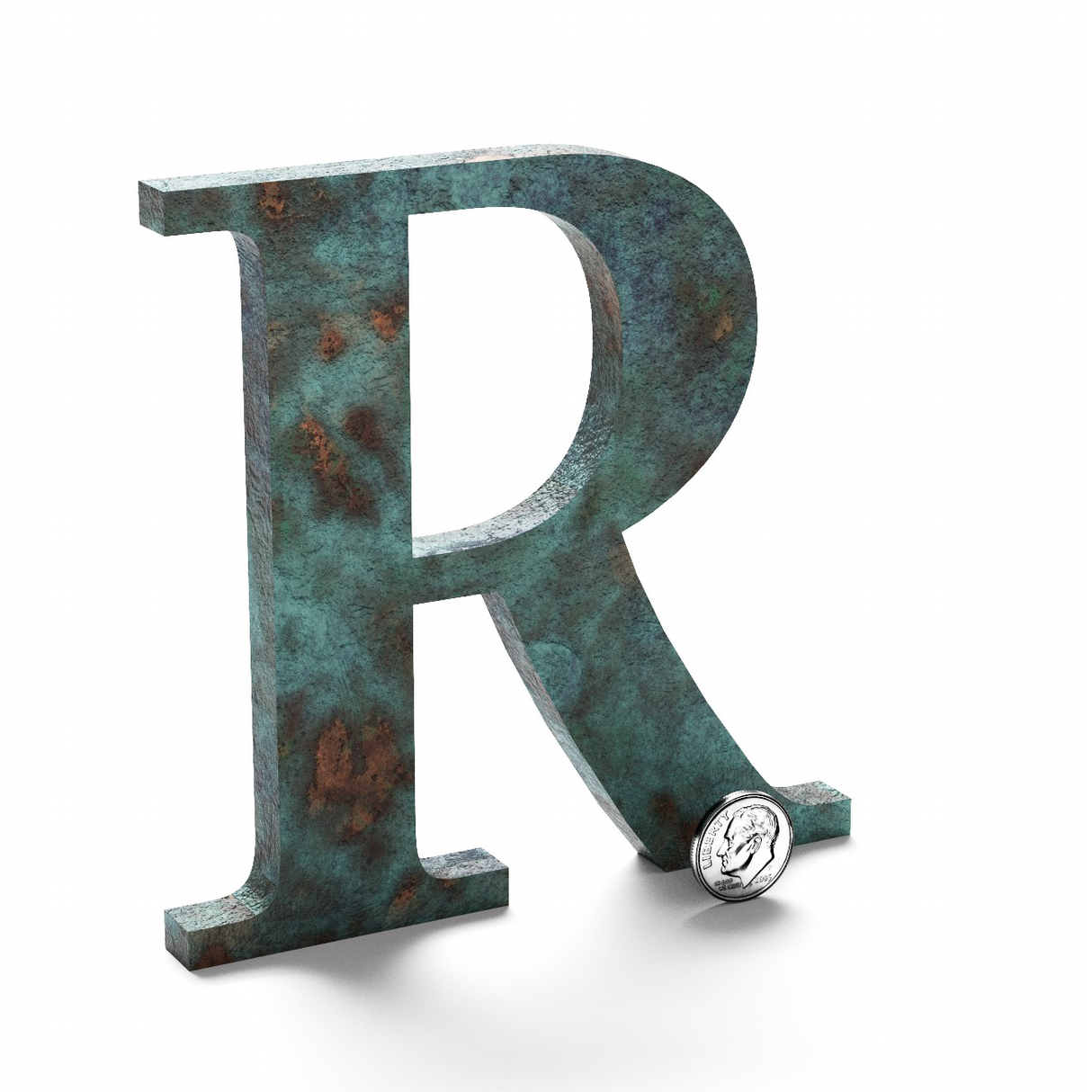 Weathered verde patina bronze or brass sign letter R.