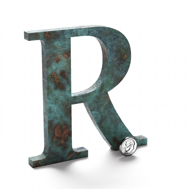 Weathered verde patina bronze or brass sign letter R.