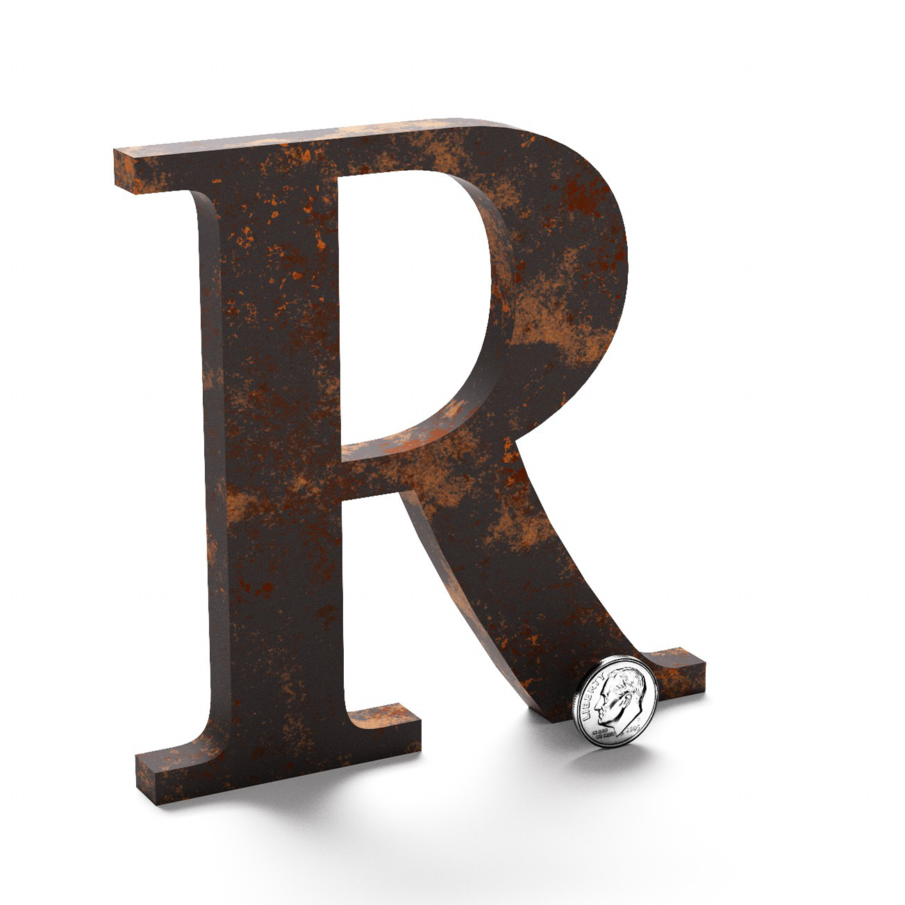 Flat cut weathered steel letter R.