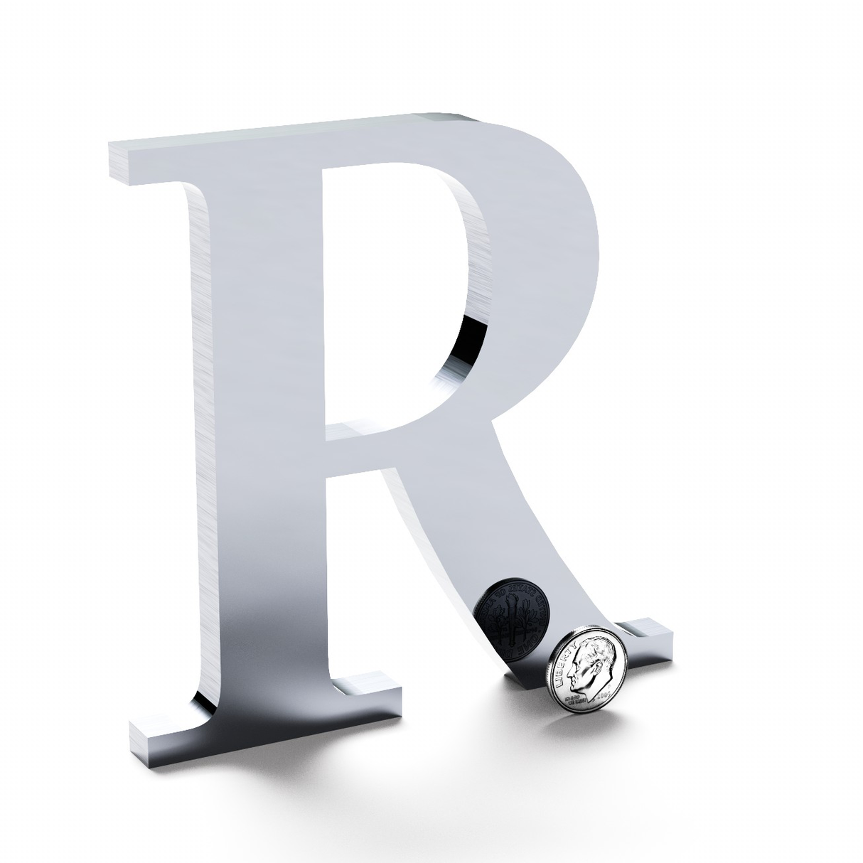 Polished aluminum sign letter R.