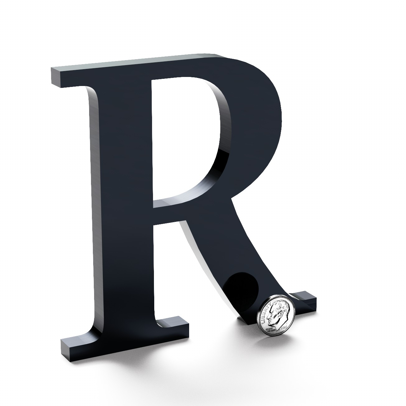 Polished black anodized aluminum sign letter R.