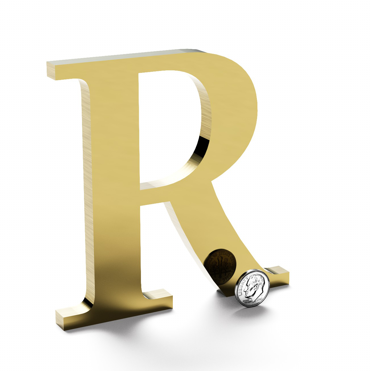 Polished brass sign letter R.