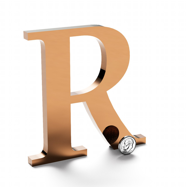Polished bronze sign letter R.