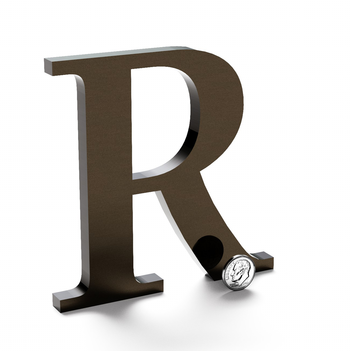 Polished bronze anodized aluminum sign letter R.