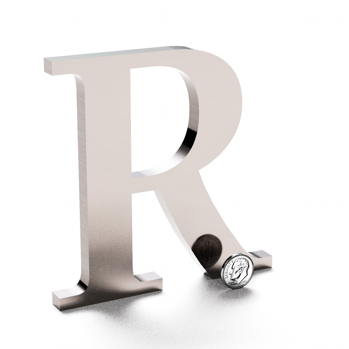 Polished champagne anodized aluminum sign letter R.