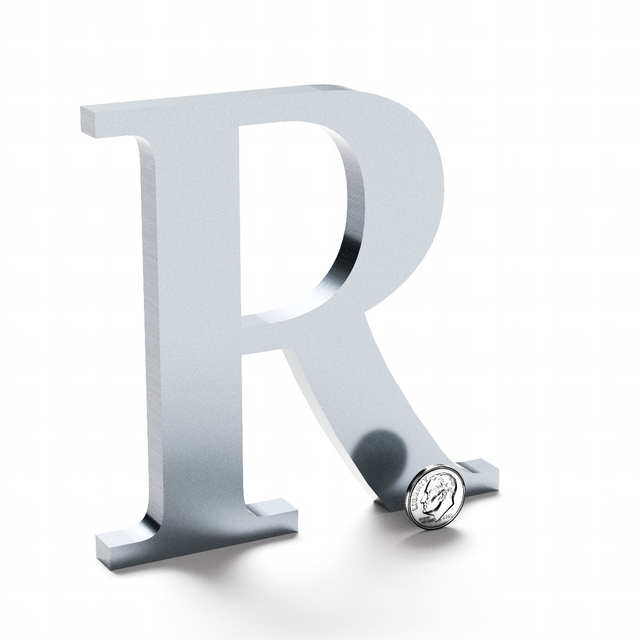 Polished clear anodized aluminum sign letter R.