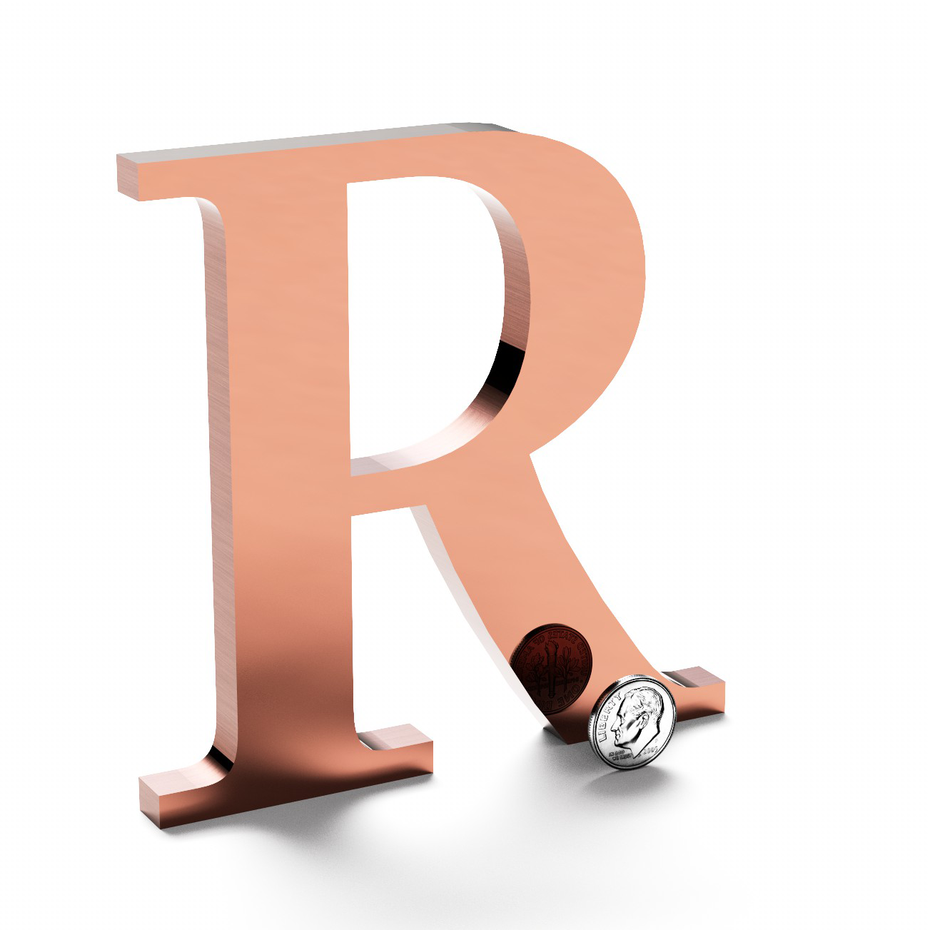 Polished copper sign letter R.