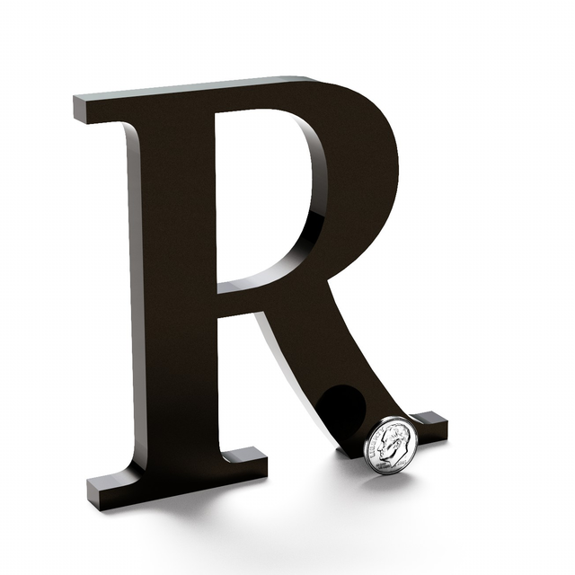 Polished dark bronze anodized aluminum sign letter R.