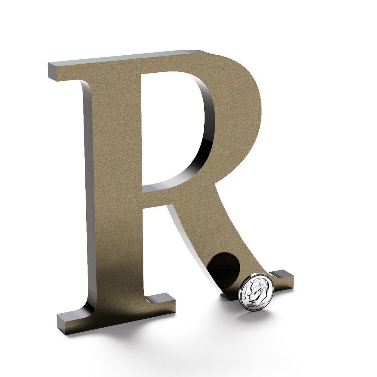 Polished light bronze anodized aluminum sign letter R.