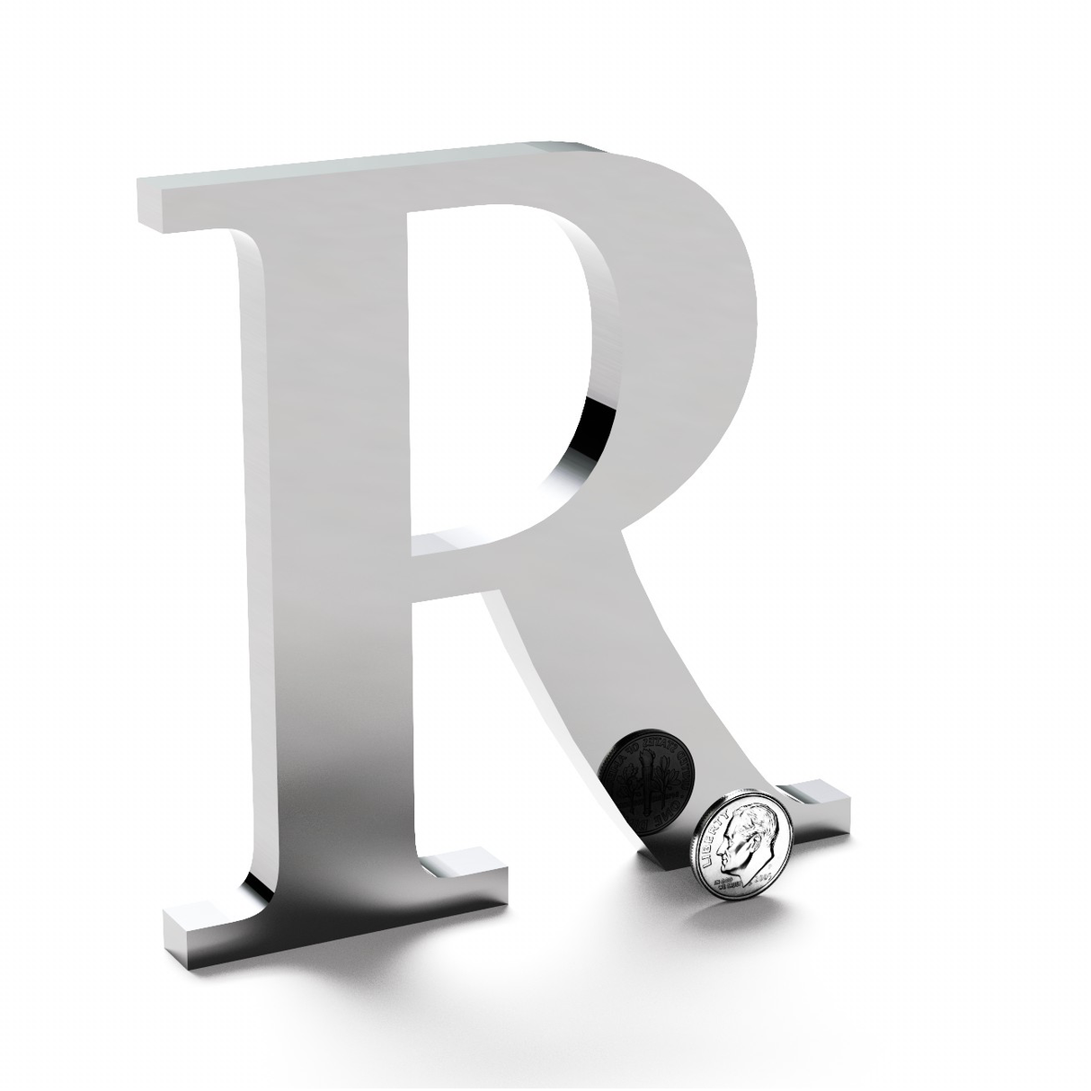 Polished stainless steel letter R.