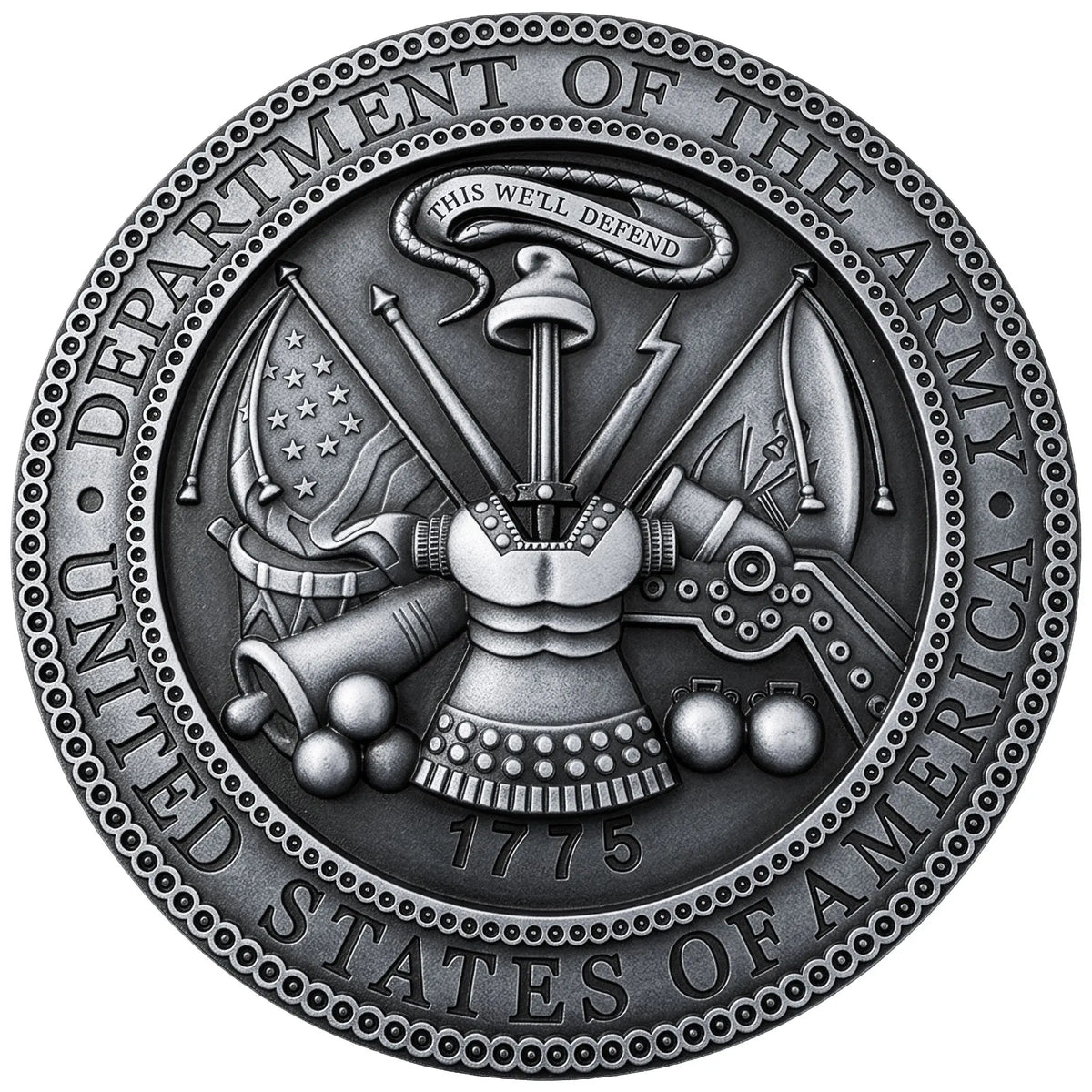 A cast aluminum seal for the US Department of the Army with a 3D sculpted face.