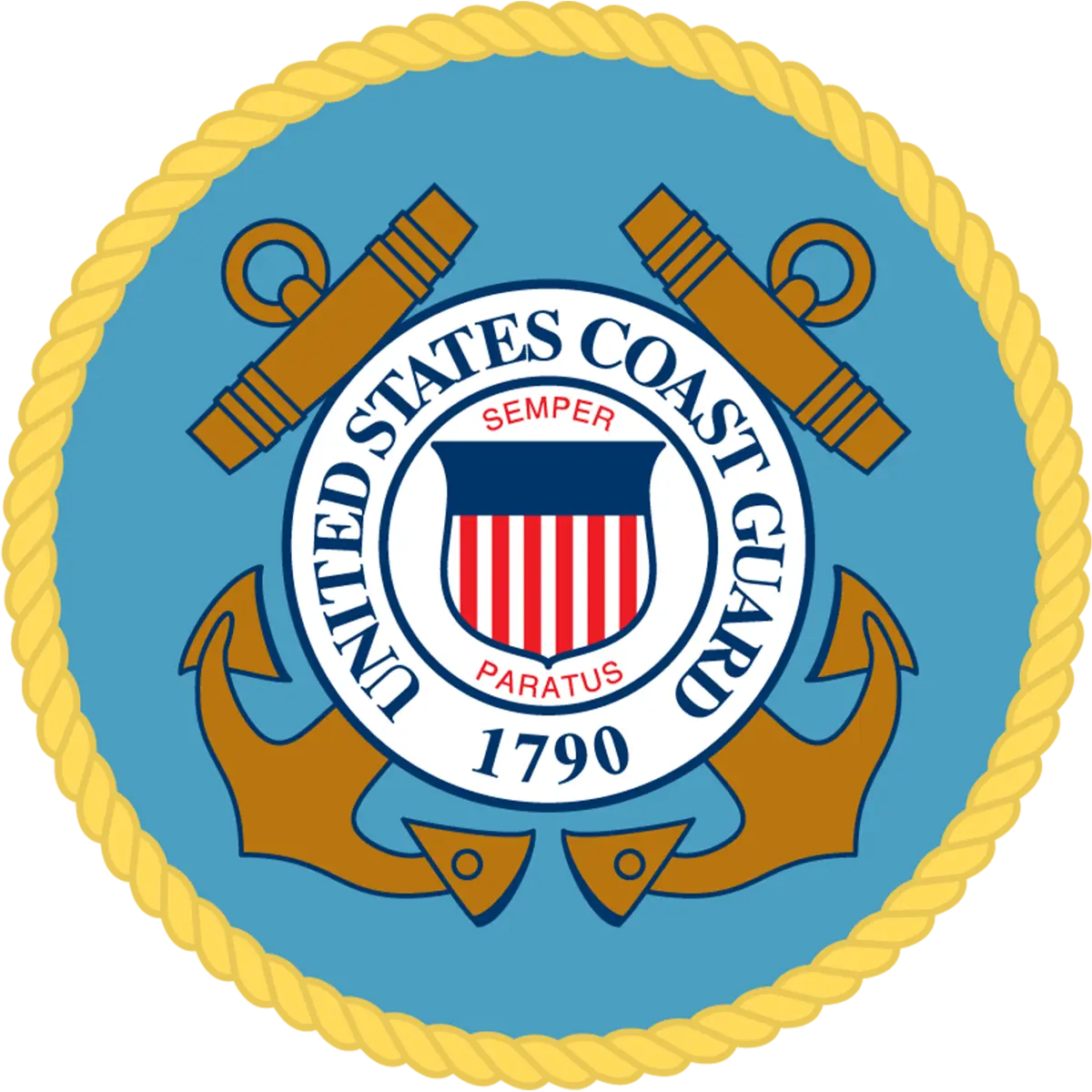 Seal of the United States Coast Guard with anchors and blue background