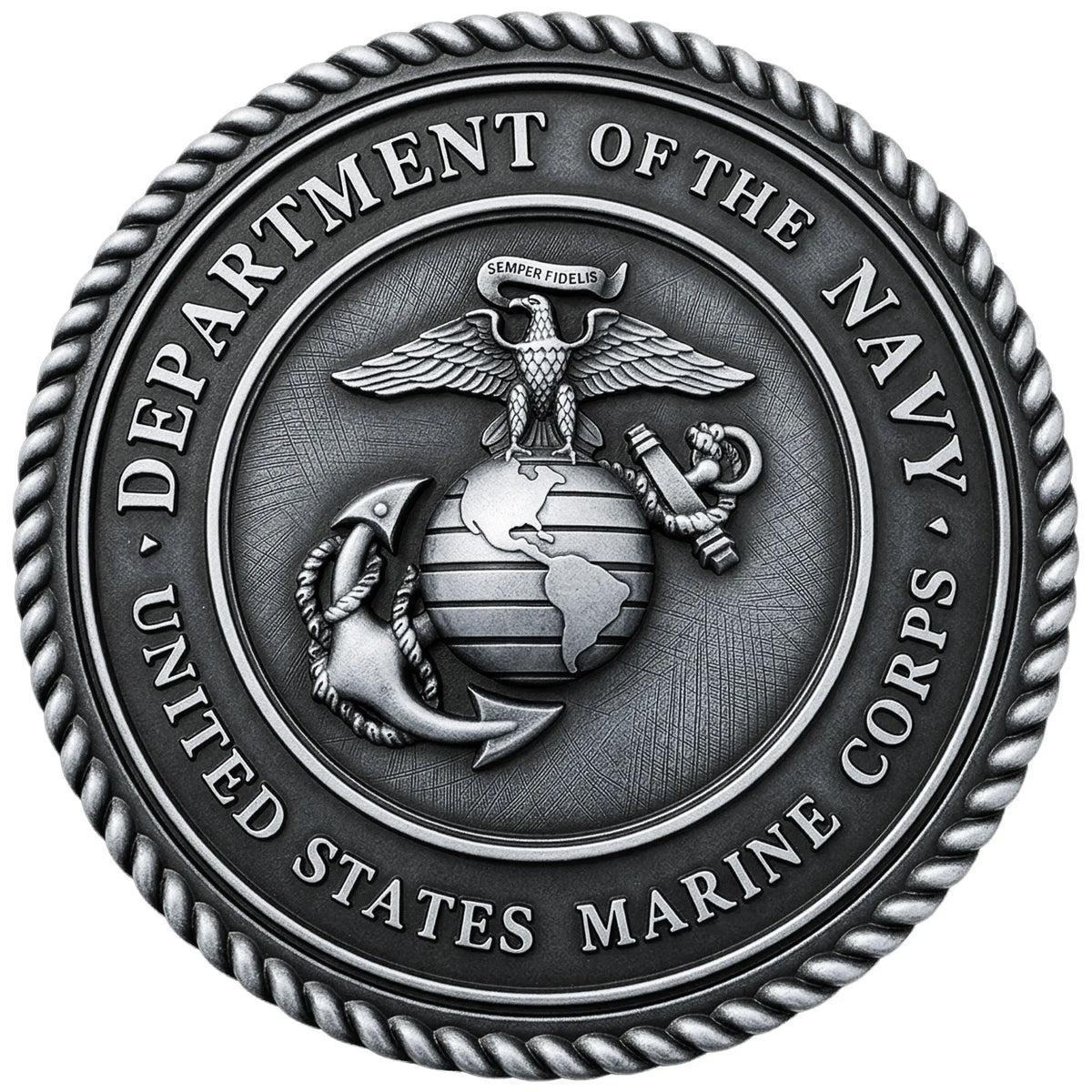 A cast aluminum seal for the US Marine Corps with a 3D sculpted face.