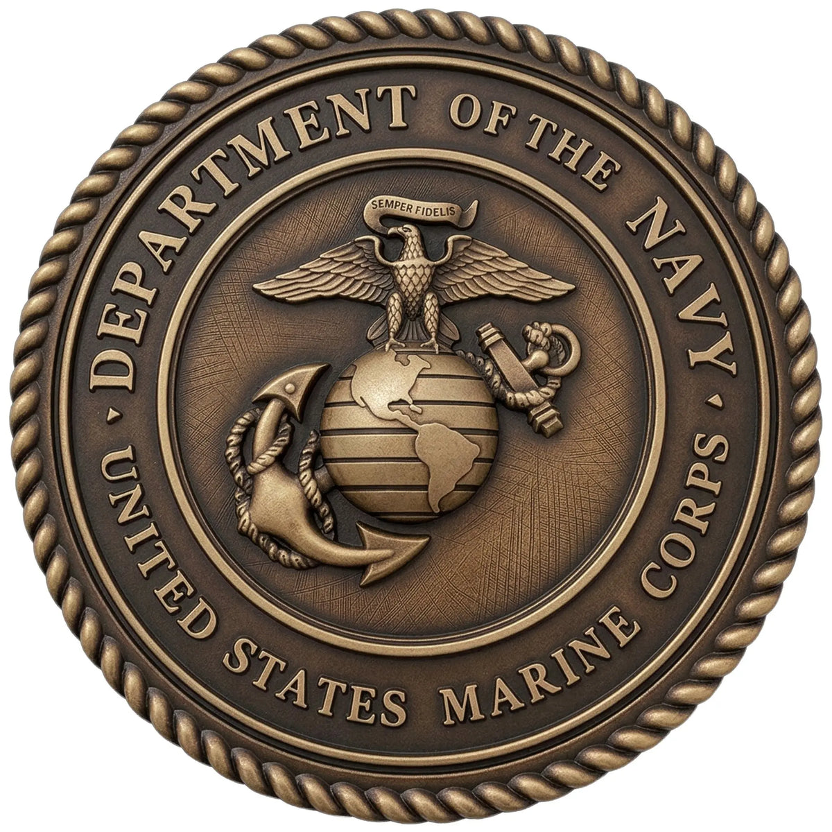 A cast bronze seal for the US Marine Corps with a 3D sculpted face.