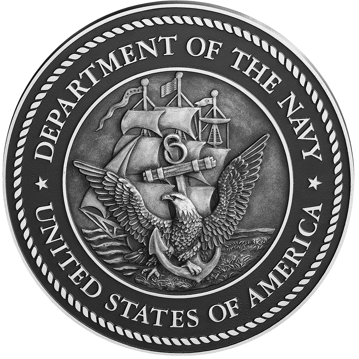 US Department of the Navy military seal in cast aluminum metal with a 3D sculpted face.