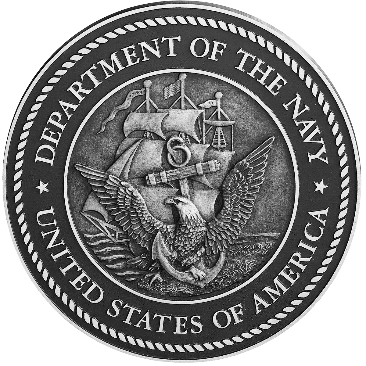 US Department of the Navy military seal in cast aluminum metal with a 3D sculpted face.