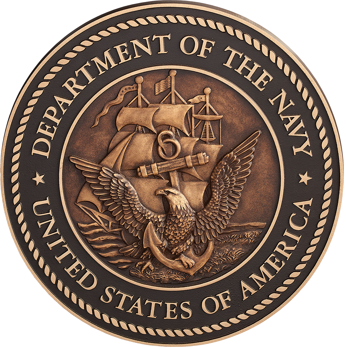 US Department of the Navy military seal in cast bronze metal with a 3D sculpted face.