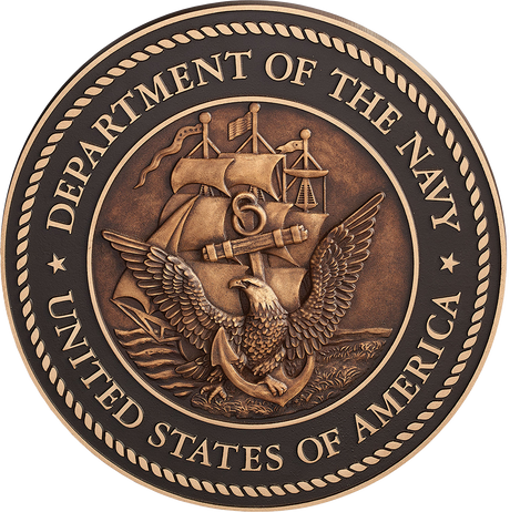 US Department of the Navy military seal in cast bronze metal with a 3D sculpted face.
