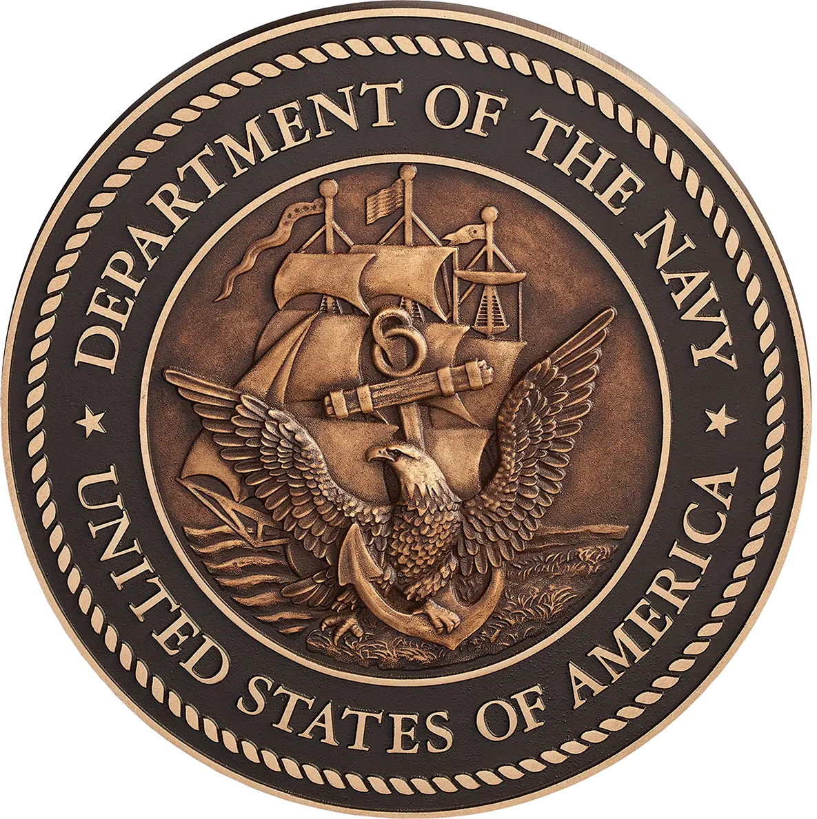 US Department of the Navy military seal in cast bronze metal with a 3D sculpted face.