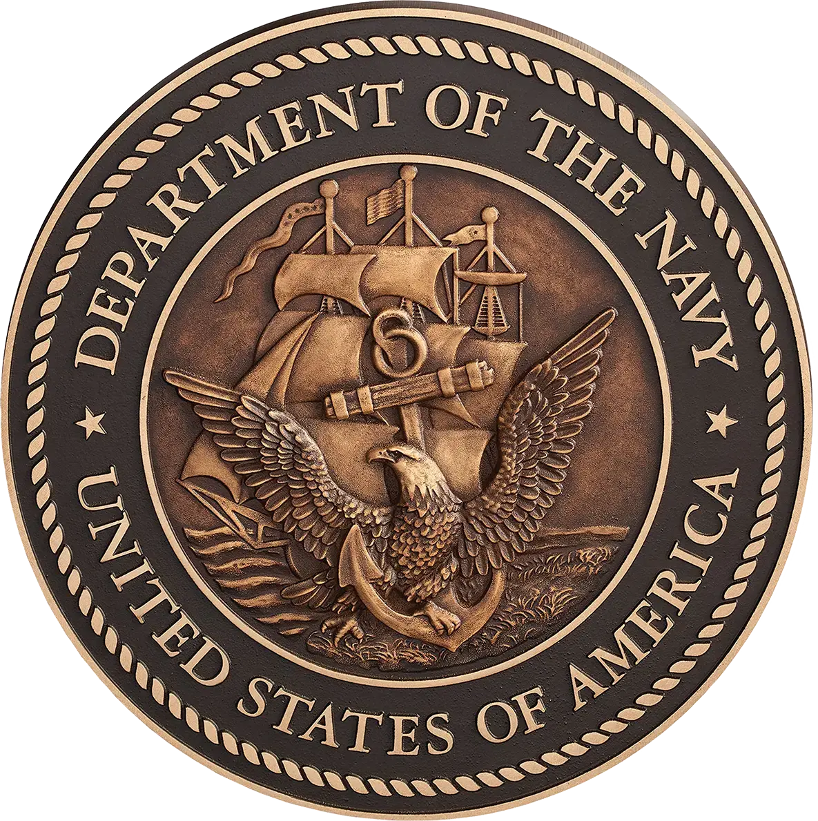 US Department of the Navy military seal in cast bronze metal with a 3D sculpted face.