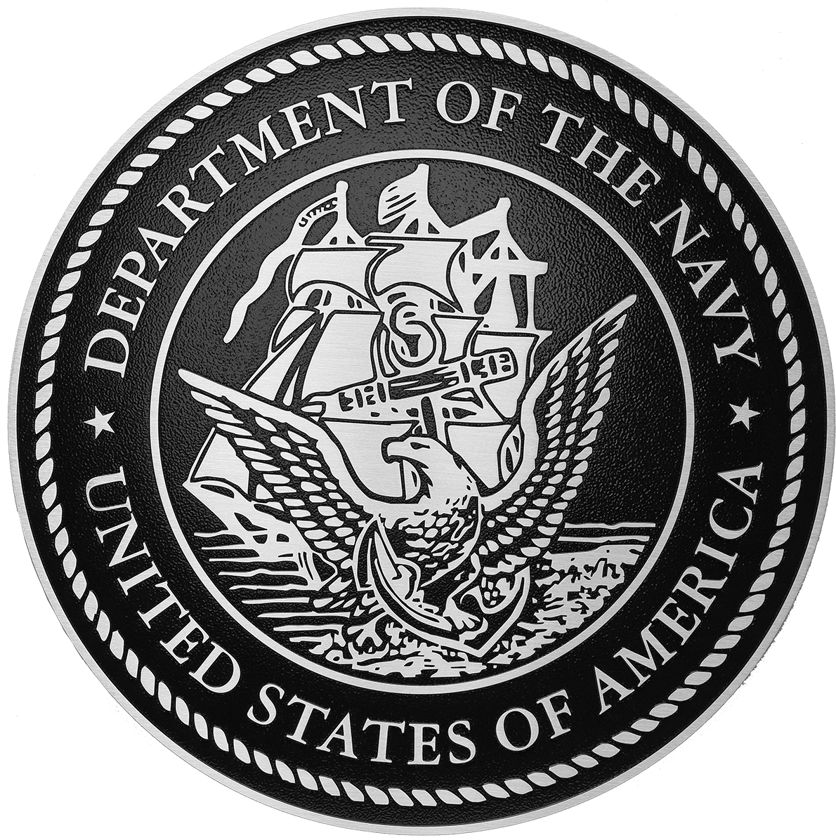 US Department of the Navy military seal in tooled aluminum metal.