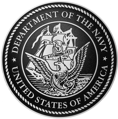 US Department of the Navy military seal in tooled aluminum metal.