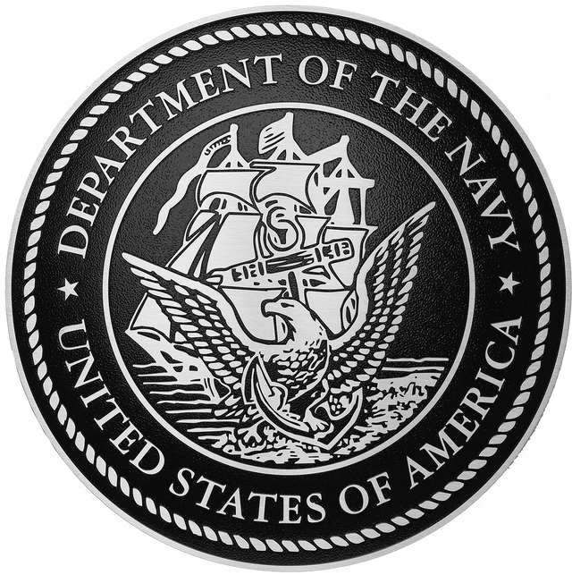 US Department of the Navy military seal in tooled aluminum metal.
