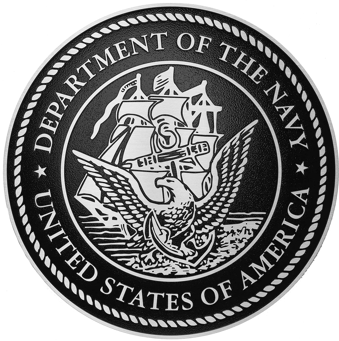 US Department of the Navy military seal in tooled aluminum metal.