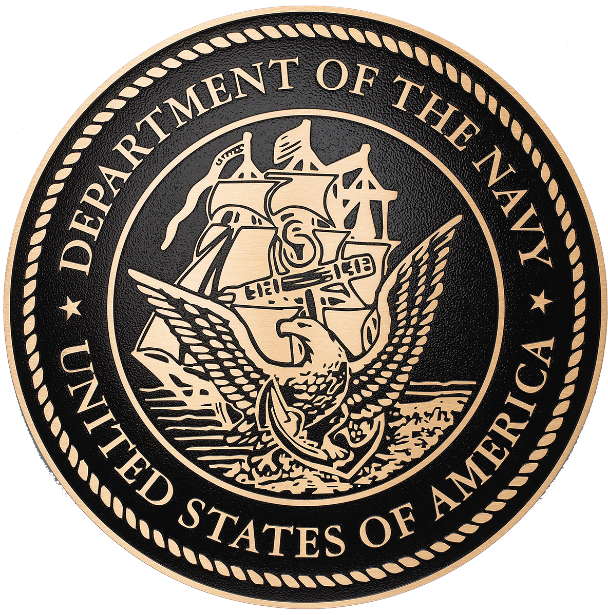 US Department of the Navy military seal in tooled bronze metal.