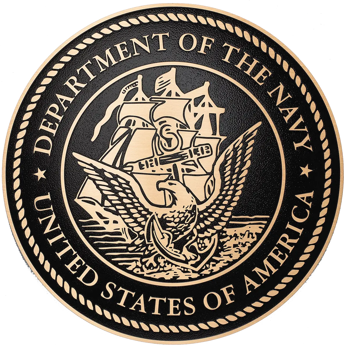 US Department of the Navy military seal in tooled bronze metal.