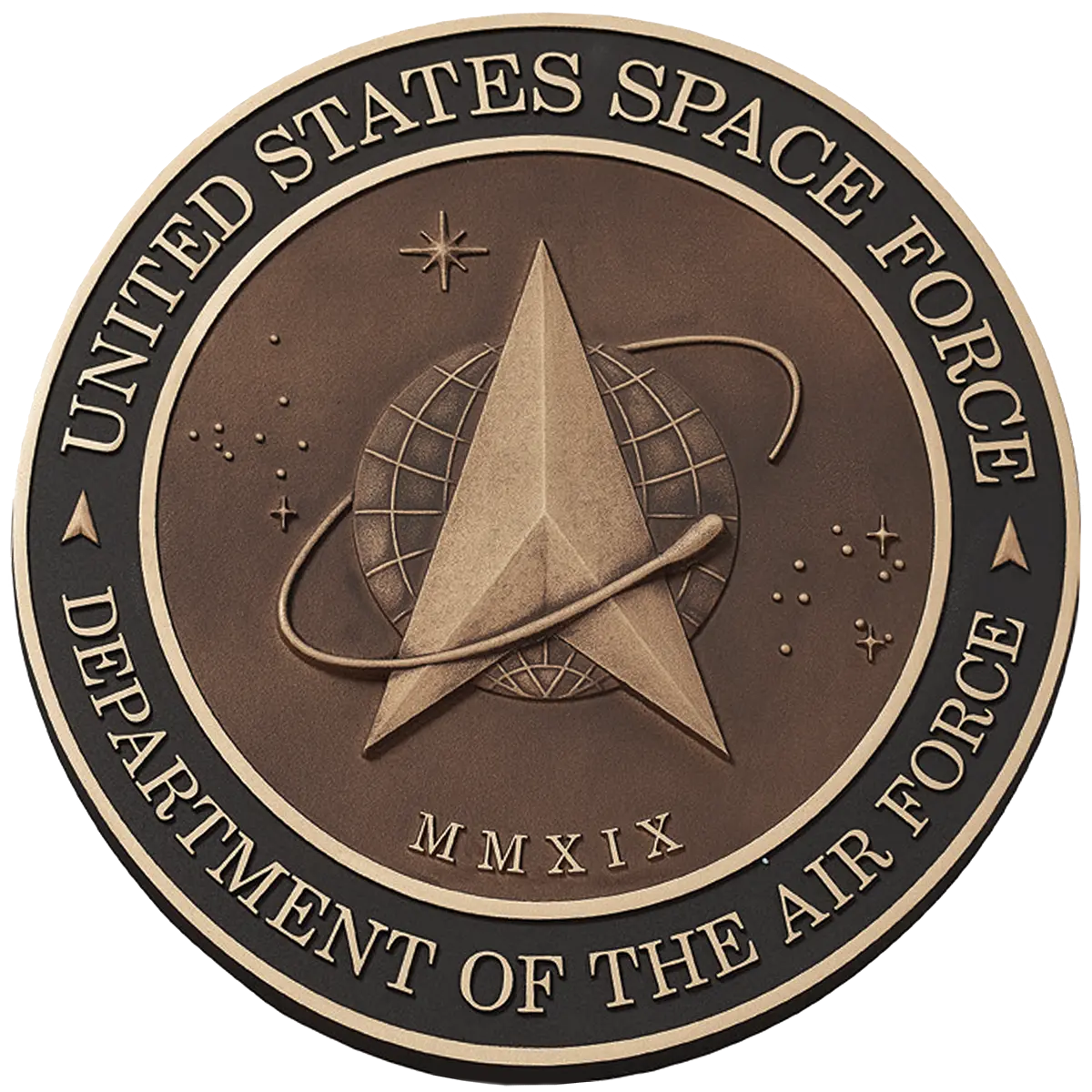 Solid cast division 10 BAA & BABA certified architectural sculpted bronze US Space Force seal.