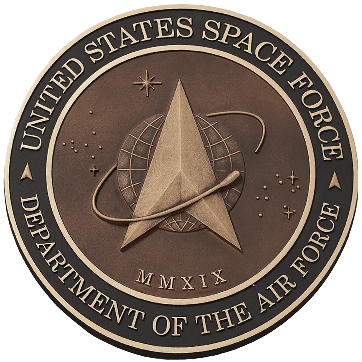 Solid cast division 10 BAA & BABA certified architectural sculpted bronze US Space Force seal.