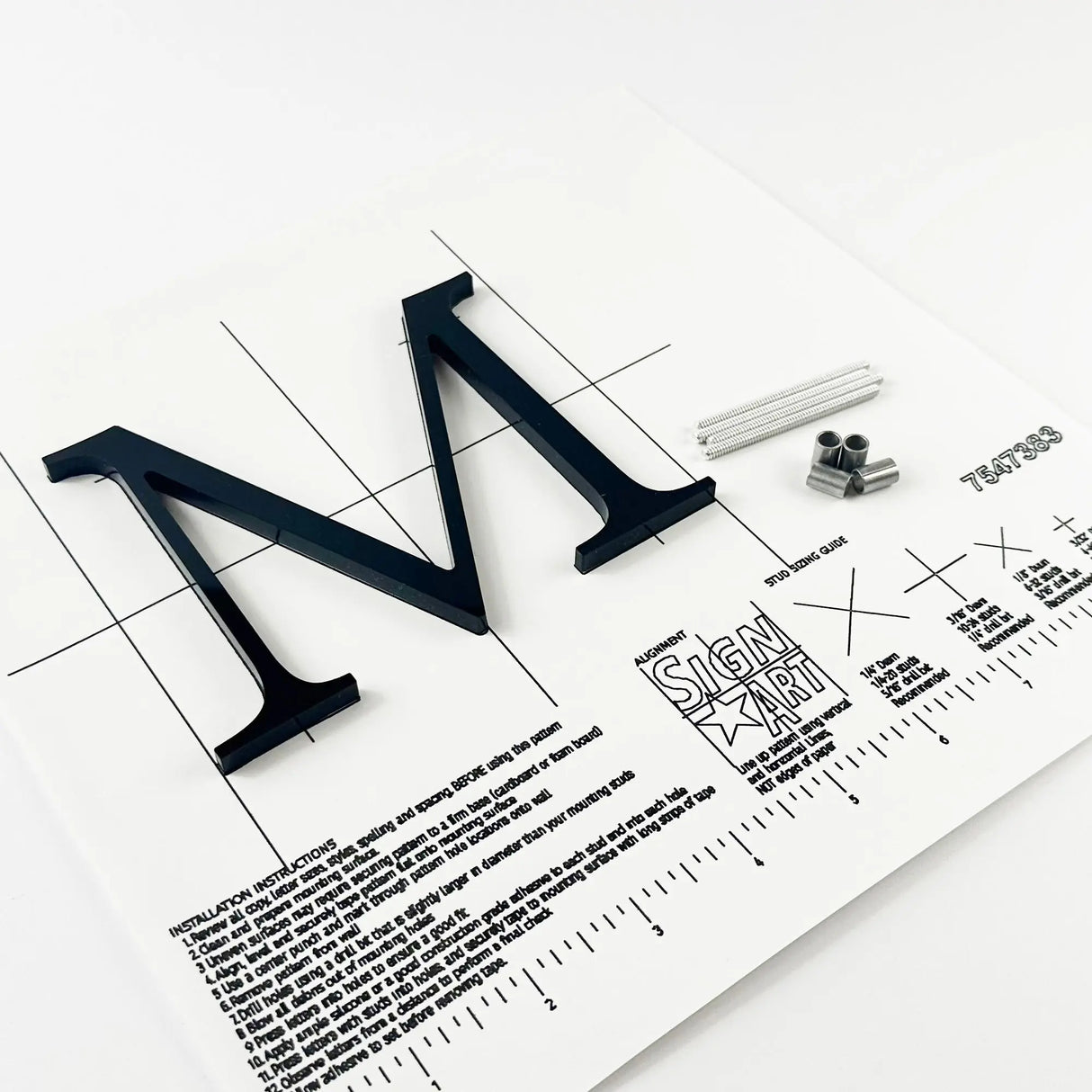 Black acrylic division 10 architectural sign letter with back studs on mounting template