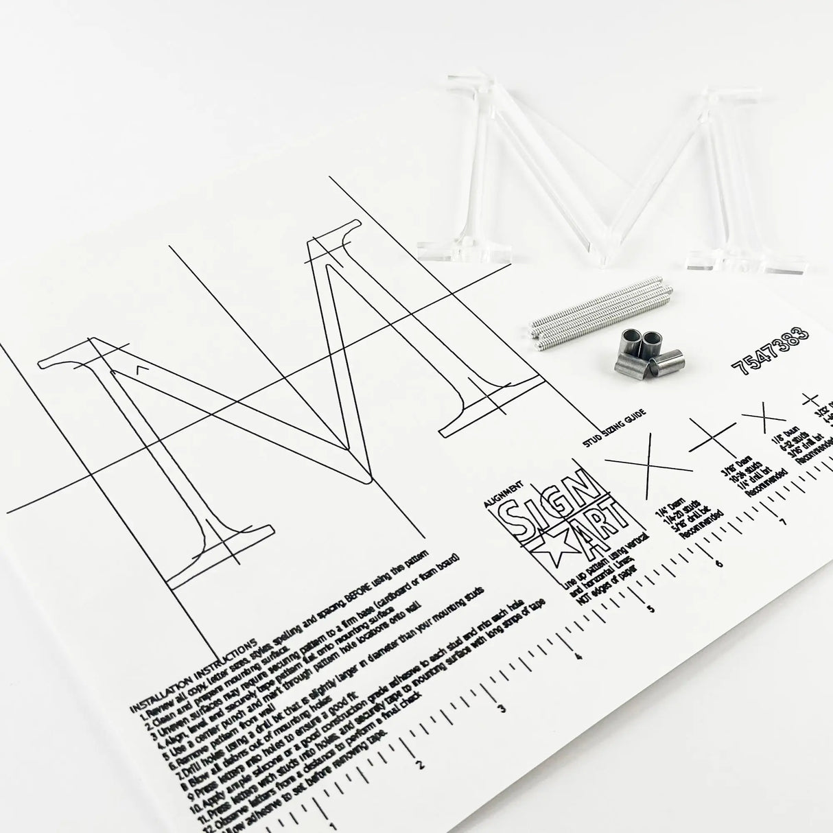 Clear acrylic division 10 architectural sign letter with back studs on mounting template